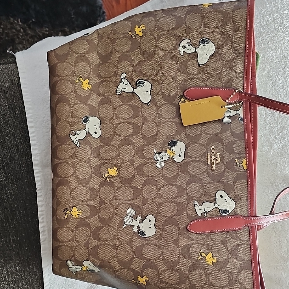 Coach Brown Tote with Snoopy X Collection With Rust Colored Accents